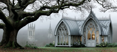 Ethereal Gothic Architecture Stunning Romantic Conservatory and Church in a Misty Landscape Settingの素材
