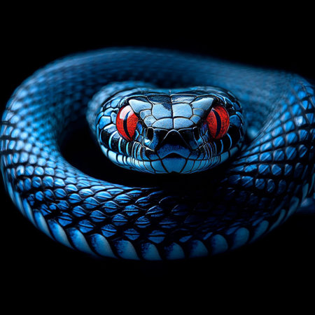 Majestic Serpent Coiled on Branch, Striking Scarlet Eyes Captivating the Essence of Nature s Beautyの素材