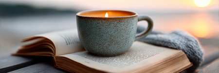 Aromatic Candlelight and Cozy Pages Embracing the Peaceful Stillness of a Gentle Sunset Eveningの素材