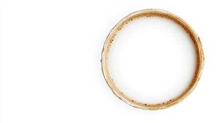 Isolated Top-Down View of Creamy Milk Texture in a Ceramic Mug on a Seamless White Surfaceの素材