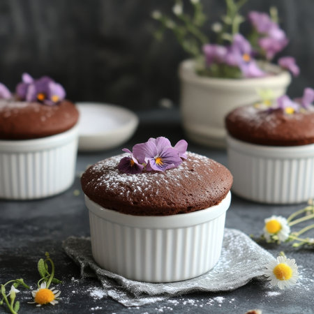 Elegant Chocolate Souffles Served in White Ramekins, Topped with Edible Flowers and Light Sugar Dustの素材