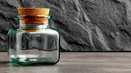 Rustic Charm of a Glass Jar with Cork Lid Against a Dramatic Dark Stone Background, Simple Eleganceの素材
