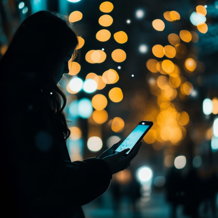 Silhouette of a Person Using Smartphone at a Festive Evening, Surrounded by City Lights and Bokehの素材