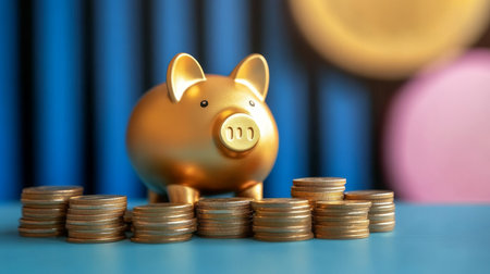 Investing in Future Close Up of a Piggy Bank Symbol Surrounded by Stacks of Coins for Savingsの素材