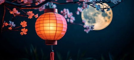 A Beautiful Chinese Lantern Surrounded by Cherry Blossoms Under a Serene Moonlight Night Skyの素材