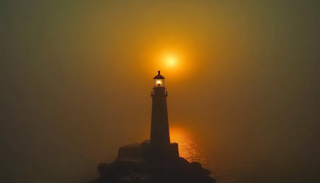 Majestic Lighthouse Standing Tall Amidst the Thick Fog, Guiding Ships to Safety in Dusk s Embraceの素材