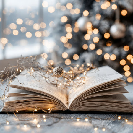 Cozy Atmosphere of Christmas with Opened Book, Glittering Lights, and Festive Tree Decorationsの素材