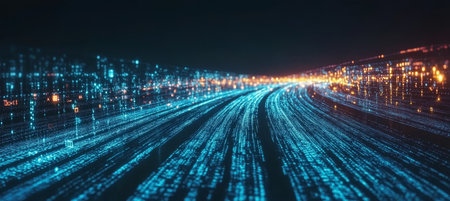 Futuristic Cybernetic Digital Pathway with Fast Data Flow and Global Network Connectivity Visualsの素材