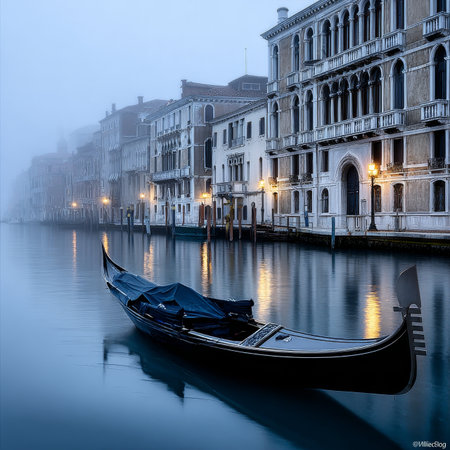Misty Morning in Venice Serene Gondola Gliding Through Foggy Canals Amidst Historic Architectureの素材