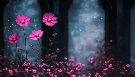 Dramatic Cosmos Flowers Illuminated in a Magical Night Garden Among Elegant Dark Stone Ruinsの素材