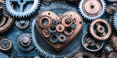 Intricate Steampunk Heart Gearwork Assemblage, Representing Precise Engineering and Love Metaphorの素材