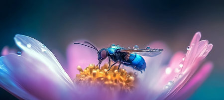 Close-Up of Colorful Insect on a Bright Flower Petal with Dew Drops in Vibrant Summer Gardenの素材