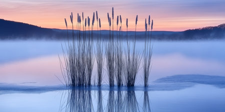 Tranquil Winter Sunrise Over Misty River with Reeds and Serene Nature Background Landscapeの素材