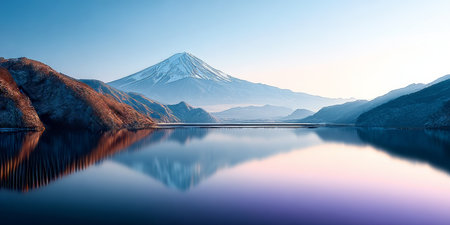 Breathtaking view of snow-capped mountains reflecting in calm waters under a clear blue sky.の素材