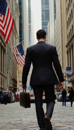 Ambitious Businessman Confidently Strolling Through a Bustling Cityscape, Showcasing Determinationの素材