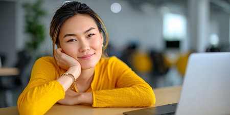 Relaxed young Asian professional woman smiling at modern desk while using her laptop at work.の素材