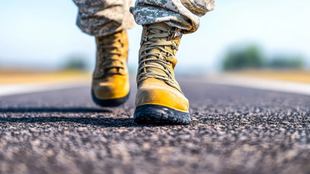 Front View of a Man in Military Fatigues and Boots Posed on the Road, Symbolizing War and Patriotismの素材