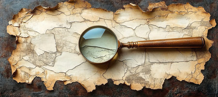 Aged Map Discovery with Vintage Magnifying Glass, Revealing Hidden Historical Treasures and Depthsの素材