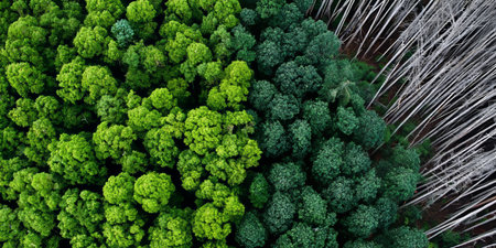 Aerial View of Lush Green Trees Showing Conservation Efforts Versus Impact of Urban Pollutionの素材