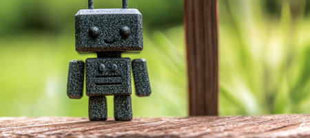 Charming Stone Robot Figurine on Garden Fence with Vintage Appeal and Whimsical Vibes, 3D Toyの素材