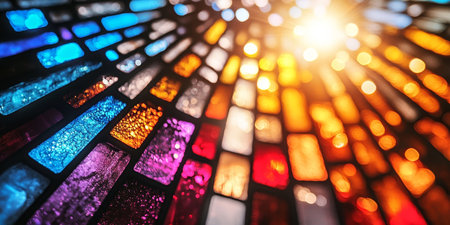 Vibrant Kaleidoscope of Colorful Geometric Designs in Artistic Glasswork Creating Radiant Light Playの素材