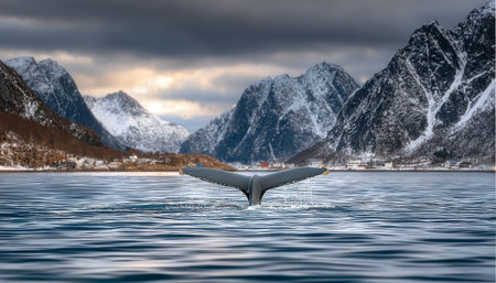 Majestic Humpback Whale Breaching the Surface in Stunning Norwegian Waters with Snowy Mountainsの素材