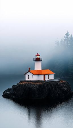 Isolated Maritime Beacon on Rocky Outcrop, White Tower Guiding Sailors Through Foggy Pacific Watersの素材