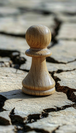 Lonely Wooden Chess Pawn Stands in Barren Land, Symbolizing Strategy and Resilience Amid Droughtの素材