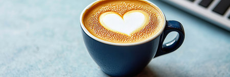 Heart Latte Art in a Beautiful Blue Pottery Mug on a Cozy Home Workspace Breakfast Tableの素材