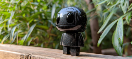 Charming Black Stone Robot Figurine Surrounded by Lush Greenery in a Mystical Outdoor Garden Sceneの素材