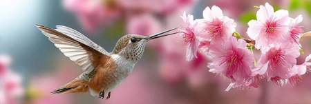 Rufous Hummingbird Feeding on Delicate Pink Blossoms in Spring Nature s Sweetness Capturedの素材