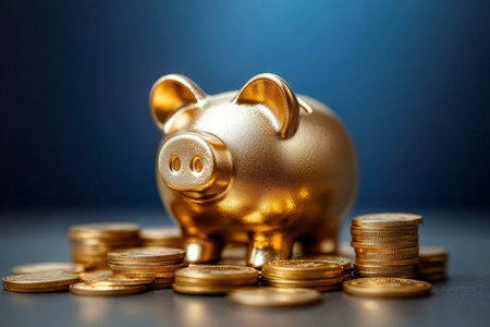 Brilliant Representation of a Golden Piggy Bank Overflowing with Coins Symbolizing Financial Growthの素材