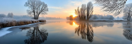 Gentle Winter Sunrise Over a Serene Lake with Perfect Reflection and Minimalistic Background in HDの素材