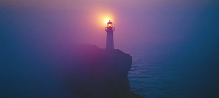 Majestic Lighthouse Standing Tall Against Vibrant Pink Clouds at Twilight Over the Atlantic Oceanの素材
