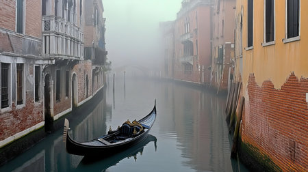 Misty Venice Canal Scene at Dawn, Gondola Gliding Through Serene Waters with Historic Architectureの素材