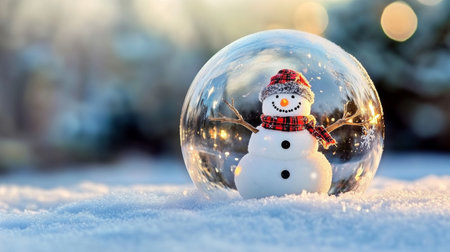 Enchanting Christmas Scene Snowman Encased in a Glass Dome Surrounded by Sparkling Snowflakesの素材