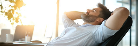 Businessman Relaxing on Chair in Modern Office with City View, Employee Smiling and Contemplatingの素材