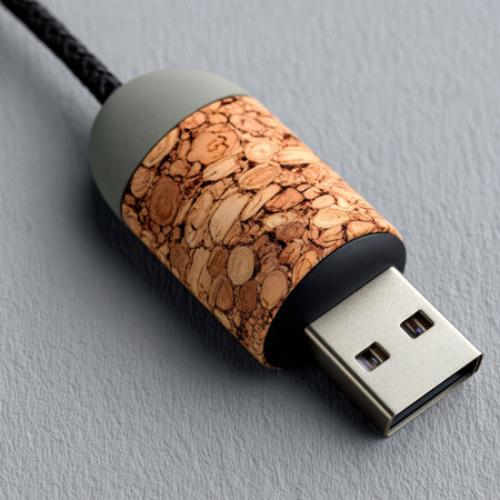 Eco-Friendly USB Drive Featuring Organic Cork Elements and Grey Connector for Sustainable Technologyの素材