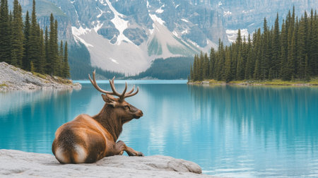 Majestic Elk Resting Gracefully by the Turquoise Shores of an Alpine Lake Surrounded by Mountainsの素材