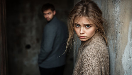 Uneasy blonde woman in oversized sweater feels anxiety in close coworker proximity at officeの素材