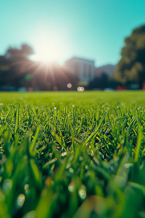 Serene Landscape of Vibrant Green Grass Under a Bright Blue Sky with Fluffy White Clouds Aboveの素材