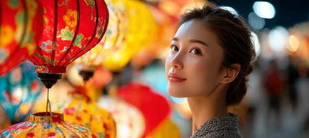 Enchanting Beauty of an Asian Woman Celebrating Traditional Lantern Festival with Warm Hues and Joyの素材