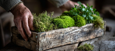 Artistic Terrarium Design Featuring Lush Fresh Moss in Rustic Container, Showcasing Natural Beautyの素材