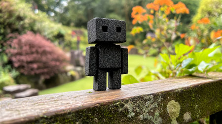 Whimsical Miniature Granite Robot Guarding a Lush Garden, Blending Nature and Artistry in Harmonyの素材