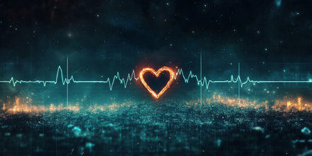 Heartbeat Line Illuminated Over a Night View with Digital Details and Symbolic Visualization Conceptの素材