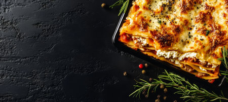 Delicious Homemade Lasagna al Forno with Ricotta Cheese and Sausage on Charcoal Backgroundの素材
