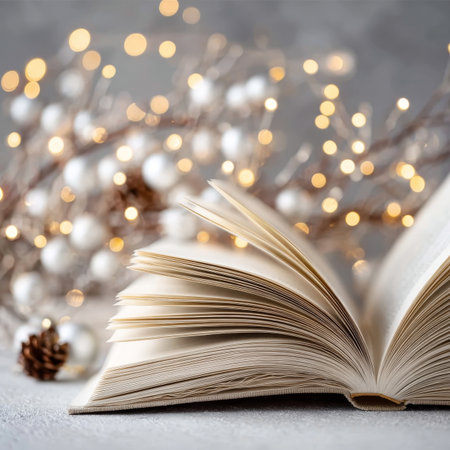 Cozy Holiday Reading A Warm Fireplace Scene with Christmas Lights and Pine Cones All Aroundの素材