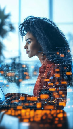 Empowered Businesswoman Utilizing Advanced Technology to Enhance Global Connectivity and Innovationの素材