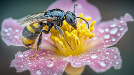 Close-Up of Tiny Insects Pollinating Vibrant Flower Petals with Raindrops in Macro Photographyの素材