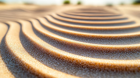 Intricate Close-Up of Concentric Ripples on a Sun-Kissed Desert Sand Surface Creating Peaceful Artの素材